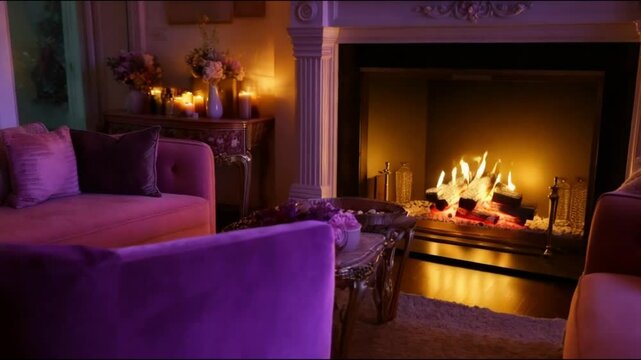 A cozy, romantic room featuring a warm, crackling fireplace with soft golden flames flickering. The space is furnished with a plush pink and purple couch, adorned with inviting throw pillows in comple