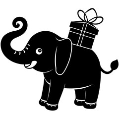 Elephant wearing a Santa hat holding a gift with its trunk
