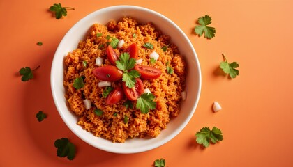 A top-down view of Mexican rice garnished with diced vegetables