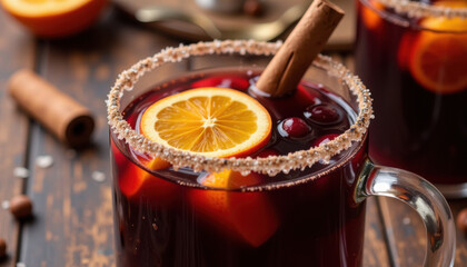 A close-up of mulled wine in a glass with floating slices of orange and a cinnamon stick