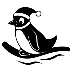 Penguin sliding on ice wearing a Santa Claus hat