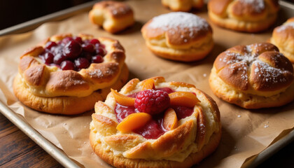 A tray of baked Danish pastries with fruit fillings 
