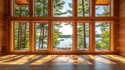 Sunlit room with expansive lake view through large windows. (1)