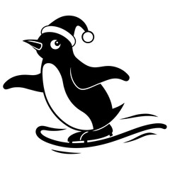 Penguin sliding on ice wearing a Santa Claus hat