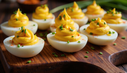 Close-up of deviled eggs on a rustic wooden board