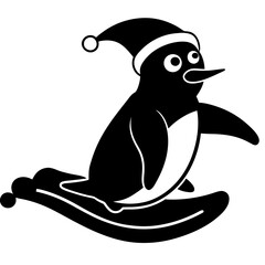 Penguin sliding on ice wearing a Santa Claus hat