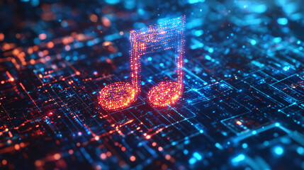 A stylized music note icon glowing with data overlays, representing online streaming services, music platforms, and audio analytics. 