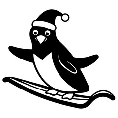 Penguin sliding on ice wearing a Santa Claus hat