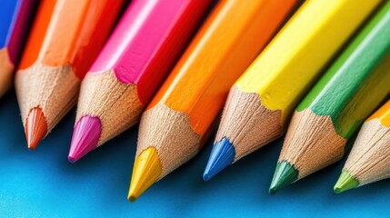 Fototapeta premium Brightly colored pencils align in a seamless pattern, showcasing a lively spectrum perfect for artistic endeavors and projects. Generative AI