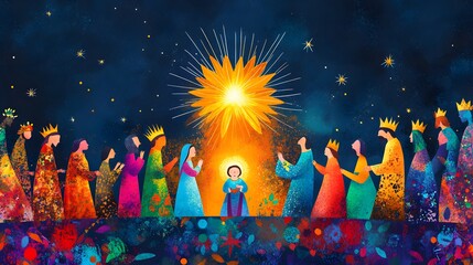 Wise Men Adoring Baby Jesus Under Bright Star