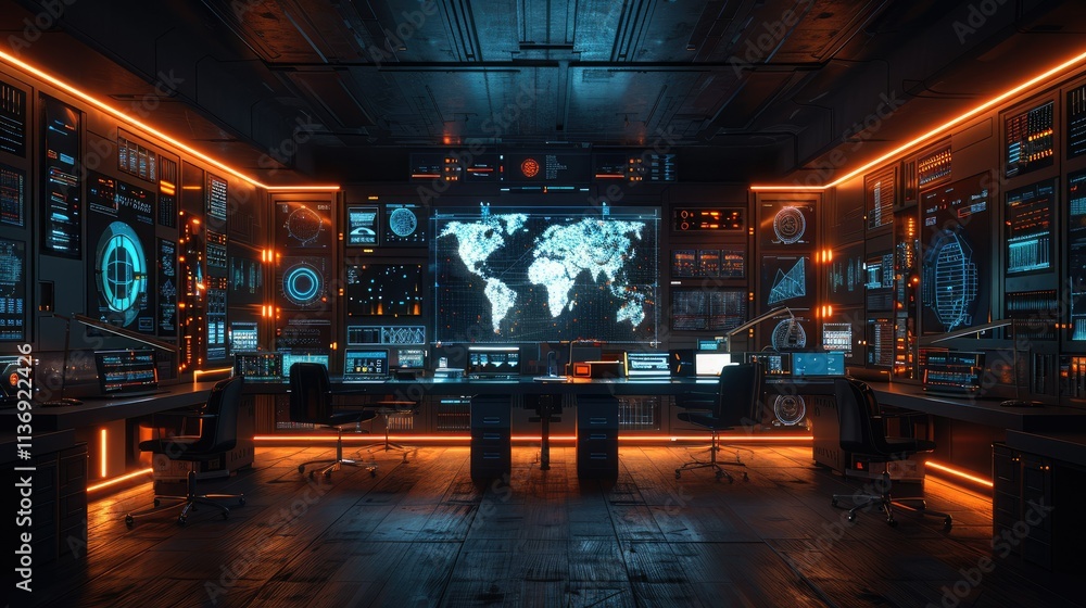 Poster high-tech control room featuring a world map and advanced monitoring equipment.