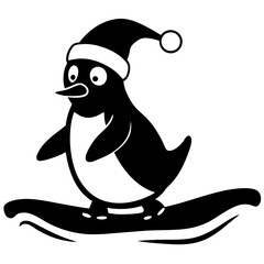 Penguin sliding on ice wearing a Santa Claus hat