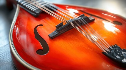 Fototapeta premium Adhd music heic f-strings Audiophile Style Ai generator Squarespace designer Tunetank Riverside transcription Artlist Fadr Close-up vibrant red acoustic guitar strings and body with glossy finish, pl