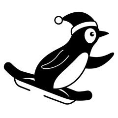 Penguin sliding on ice wearing a Santa Claus hat