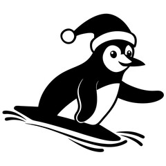 Penguin sliding on ice wearing a Santa Claus hat