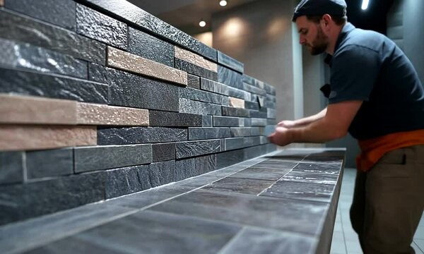 Man installing modern stone tiles on a wall.