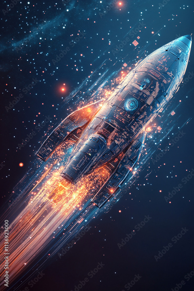Poster a stylized spaceship icon glowing with digital data trails, representing online space exploration pl
