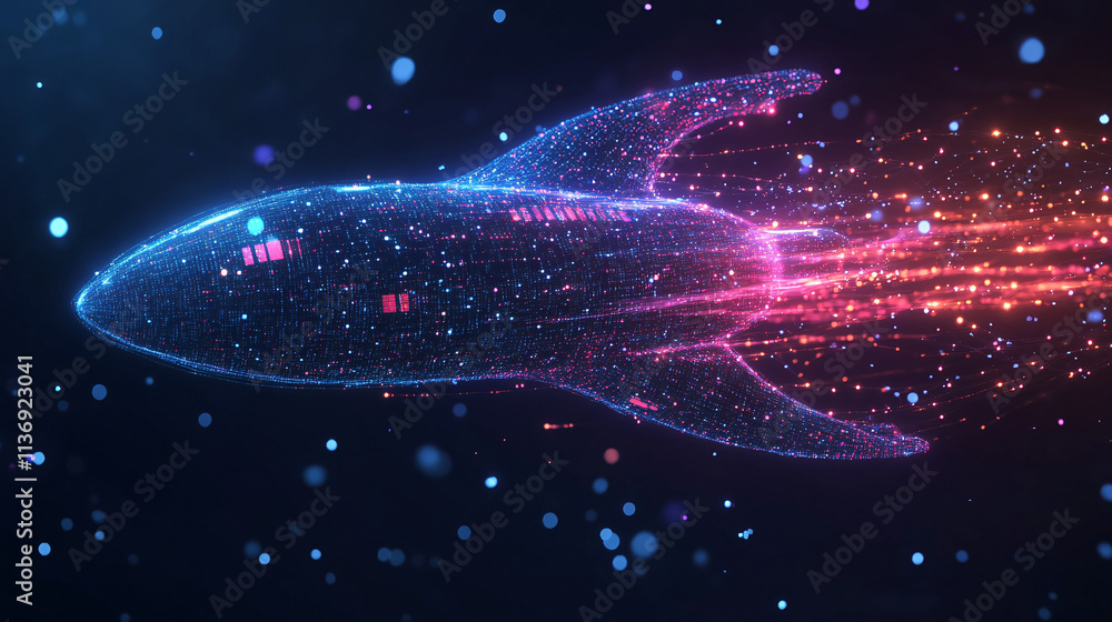 Aufkleber a stylized spaceship icon glowing with digital data trails, representing online space exploration pl
