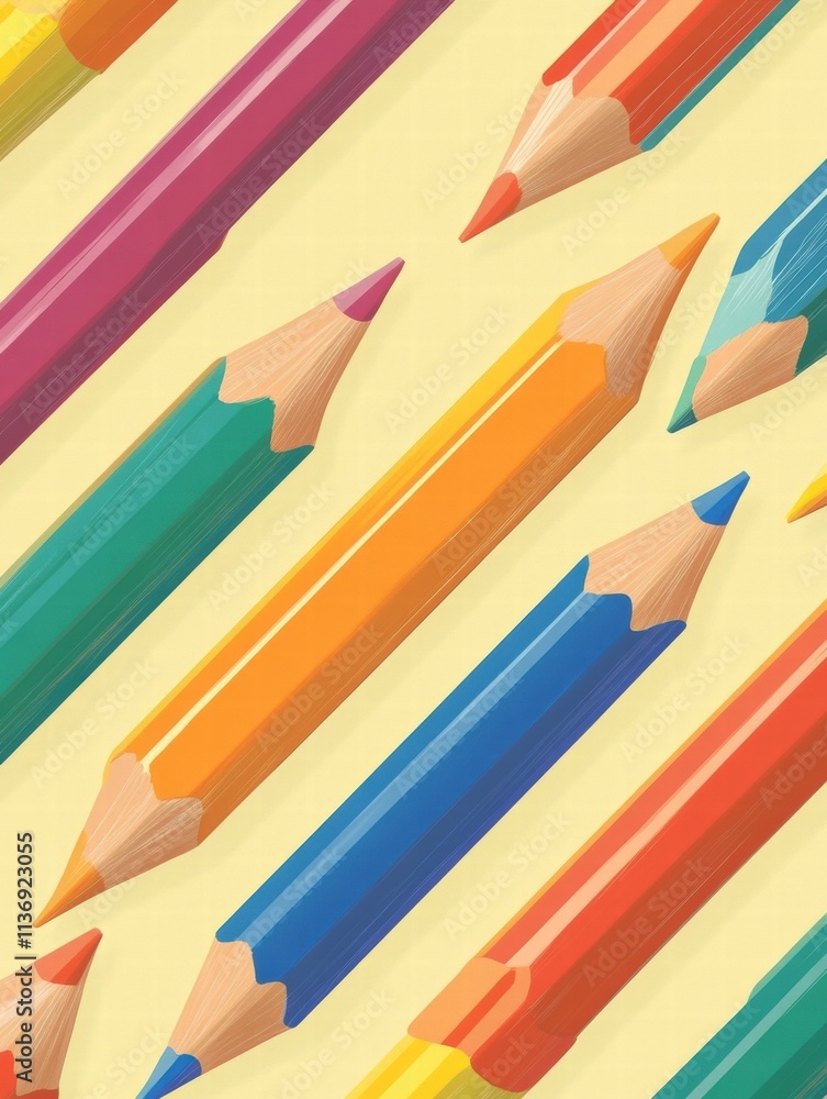 Poster brightly colored pencils are arranged in a seamless pattern against a gentle yellow backdrop, inviti