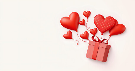 heart balloons and a gift box flying in the pink background, leaving empty space for text. | valentine day | mothers day | anniversary