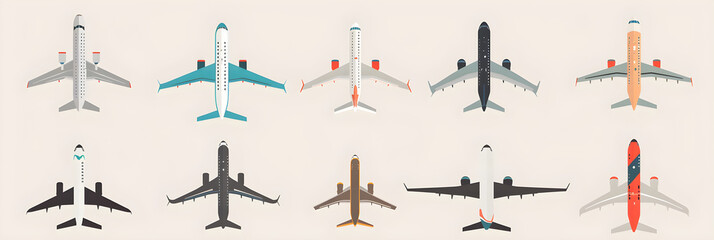 Diverse Collection of Airplane Icons in Flat Design for Multiple Applications