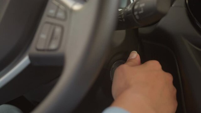 Caucasian girl driver owner starting car engine unrecognizable female hand inserting turn key vehicle ignition lock lady woman preparing travel automobile in city auto test drive taxi transport rent