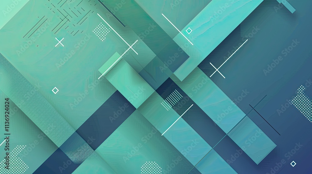 Poster abstract geometric design with layered shapes and patterns in shades of blue and green.