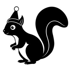 Squirrel with a Christmas hat holding a nut under a mistletoe