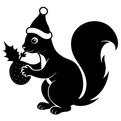 Squirrel with a Christmas hat holding a nut under a mistletoe