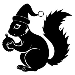 Squirrel with a Christmas hat holding a nut under a mistletoe