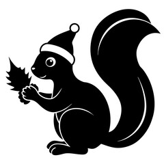 Squirrel with a Christmas hat holding a nut under a mistletoe