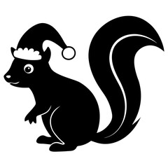 Squirrel with a Christmas hat holding a nut under a mistletoe