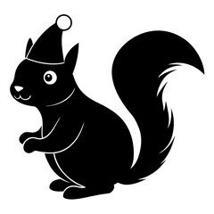 Squirrel with a Christmas hat holding a nut under a mistletoe