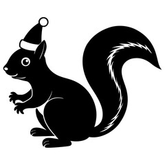 Squirrel with a Christmas hat holding a nut under a mistletoe