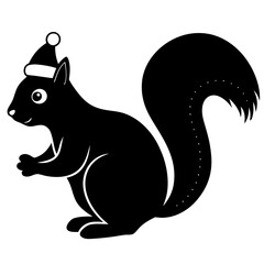 Squirrel with a Christmas hat holding a nut under a mistletoe