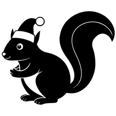 Squirrel with a Christmas hat holding a nut under a mistletoe