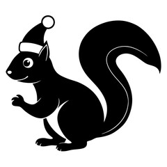 Squirrel with a Christmas hat holding a nut under a mistletoe