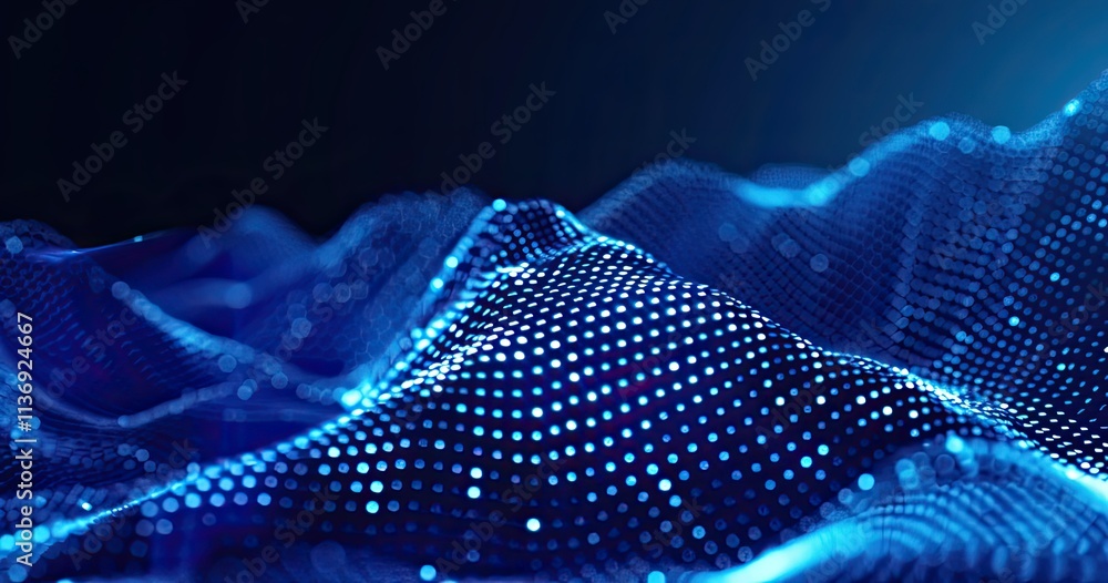 Poster abstract digital landscape with glowing blue dots creating a wave-like texture.