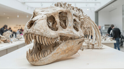 Naklejka premium Tyrannosaurus rex skeleton displayed in museum gallery