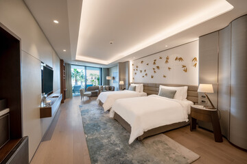 Modern hotel room with a bright and airy feel, a luxury hotel room. Example of a hotel room, modern furnishings and architecture.