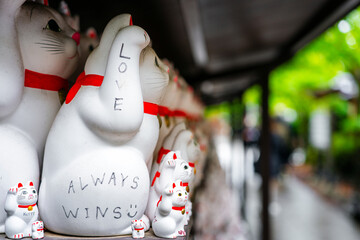 Gotokuji Temple: Tokyo's Birthplace of Maneki Neko 'Lucky Cat' Shinto Shrine for good fortune and Cat Lovers. Porcelain figure and temple details
