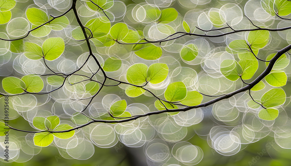 Poster abstract image of fresh green leaves on a branch, with a bokeh effect creating soft, circular highli
