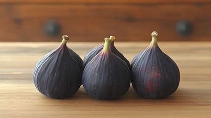 Obraz premium Three Dark Figs Resting On Wooden Surface