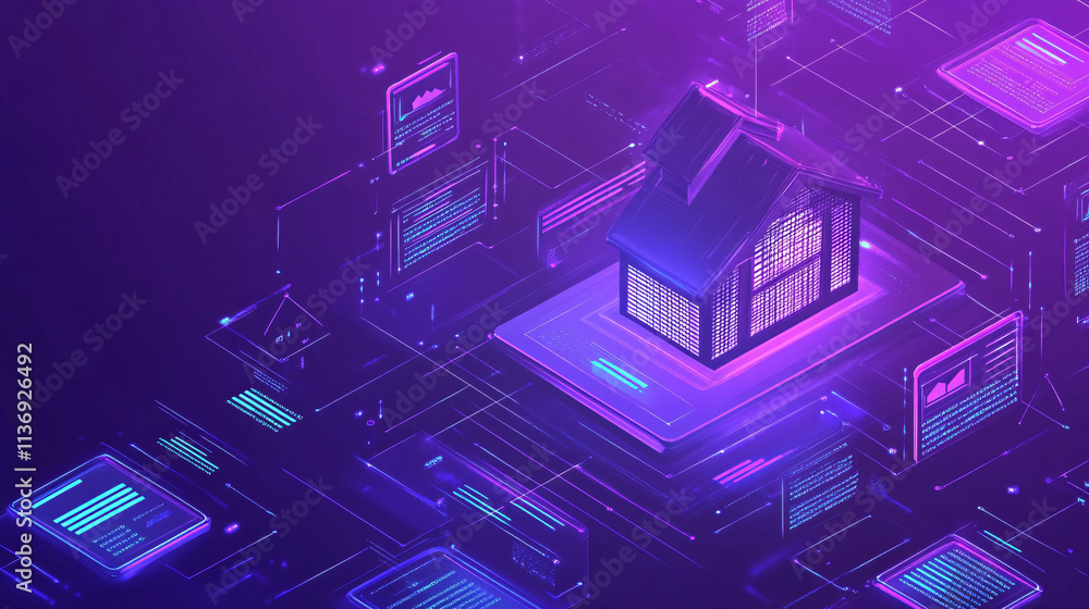 Poster illustration of a real estate contract icon with floating digital signatures and transaction data in