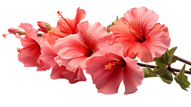 Red Rose of Sharon flower on a branch with deep green leaves, symbolizing vibrant summer beauty, isolated on transparent background.