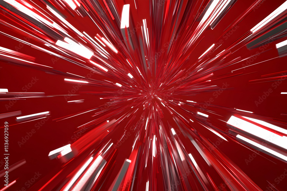 Poster abstract red and white light streaks converging towards a central vanishing point, creating a dynami