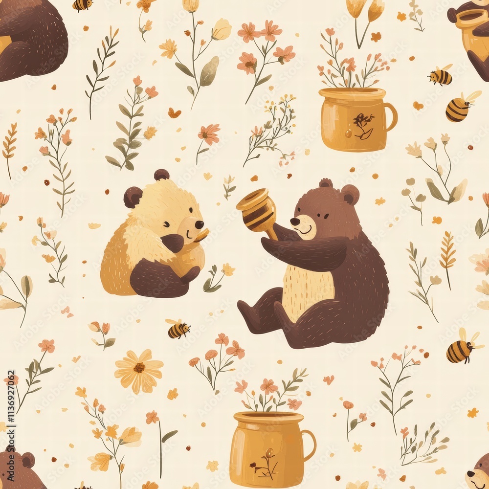Poster charming bears engage in playful activities surrounded by vibrant flowers and buzzing bees set again