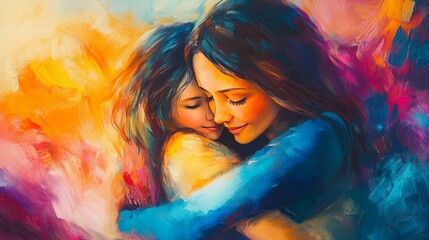 Abstract art of mother and daughter hugging, celebrating Mother's Day, ideal for cards, social media, or prints.