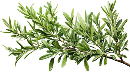 Detailed watercolor painting of rosemary branch with fine leaves, ideal for culinary or herbal themes, isolated on transparent background.