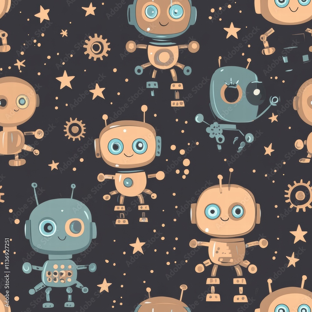 Aufkleber this delightful seamless pattern showcases various playful robots scattered among stars and gears, p
